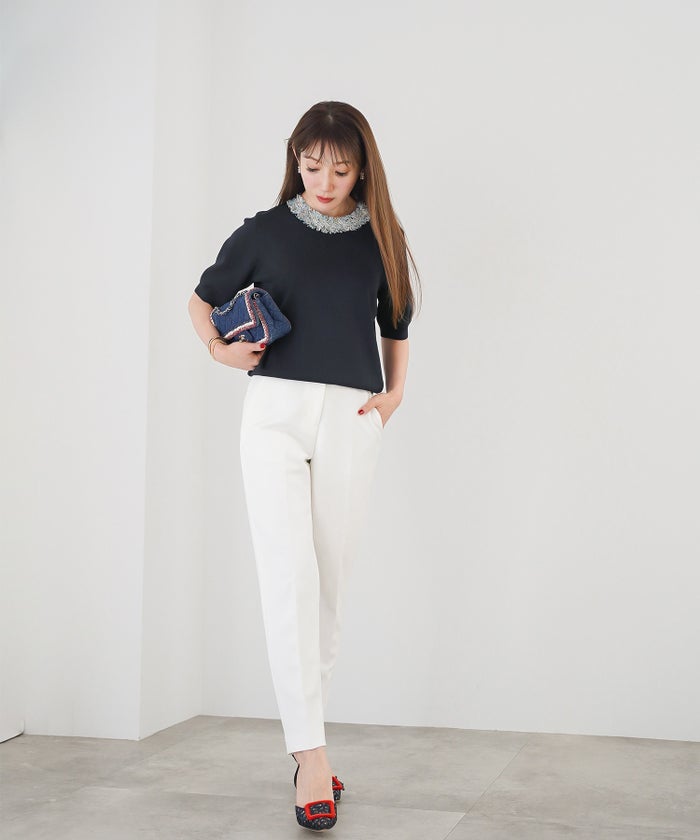 手洗い可 レディース 春夏 大人可愛い 上品 きれいめ オフィス 大人カジュアル フェミニン ジョイントスペース ツイードフリンジニット Liala×PG