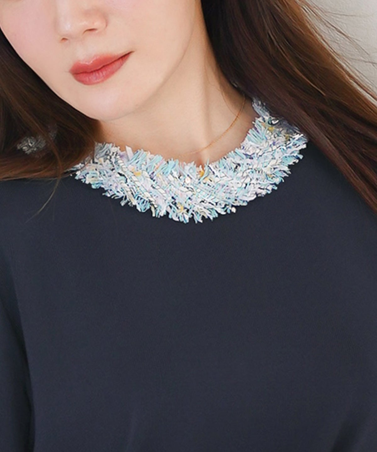 手洗い可 レディース 春夏 大人可愛い 上品 きれいめ オフィス 大人カジュアル フェミニン ジョイントスペース ツイードフリンジニット Liala×PG