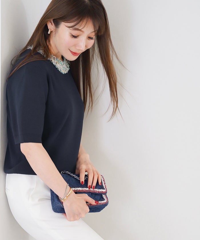 手洗い可 レディース 春夏 大人可愛い 上品 きれいめ オフィス 大人カジュアル フェミニン ジョイントスペース ツイードフリンジニット Liala×PG