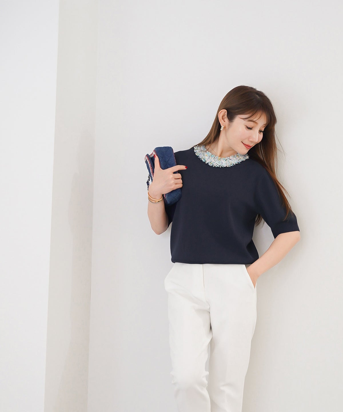 手洗い可 レディース 春夏 大人可愛い 上品 きれいめ オフィス 大人カジュアル フェミニン ジョイントスペース ツイードフリンジニット Liala×PG