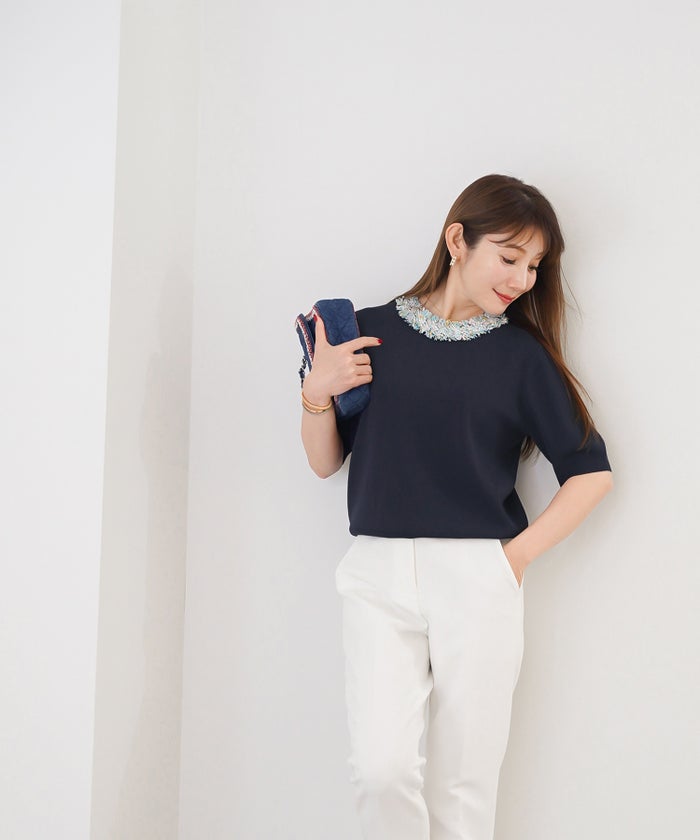 手洗い可 レディース 春夏 大人可愛い 上品 きれいめ オフィス 大人カジュアル フェミニン ジョイントスペース ツイードフリンジニット Liala×PG