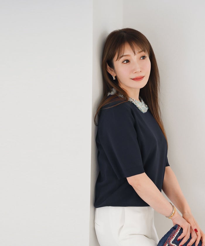 手洗い可 レディース 春夏 大人可愛い 上品 きれいめ オフィス 大人カジュアル フェミニン ジョイントスペース ツイードフリンジニット Liala×PG