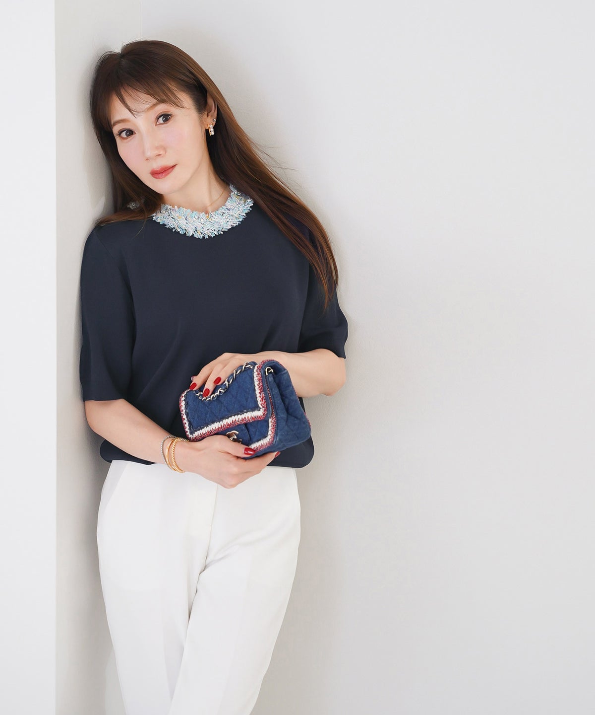 手洗い可 レディース 春夏 大人可愛い 上品 きれいめ オフィス 大人カジュアル フェミニン ジョイントスペース ツイードフリンジニット Liala×PG