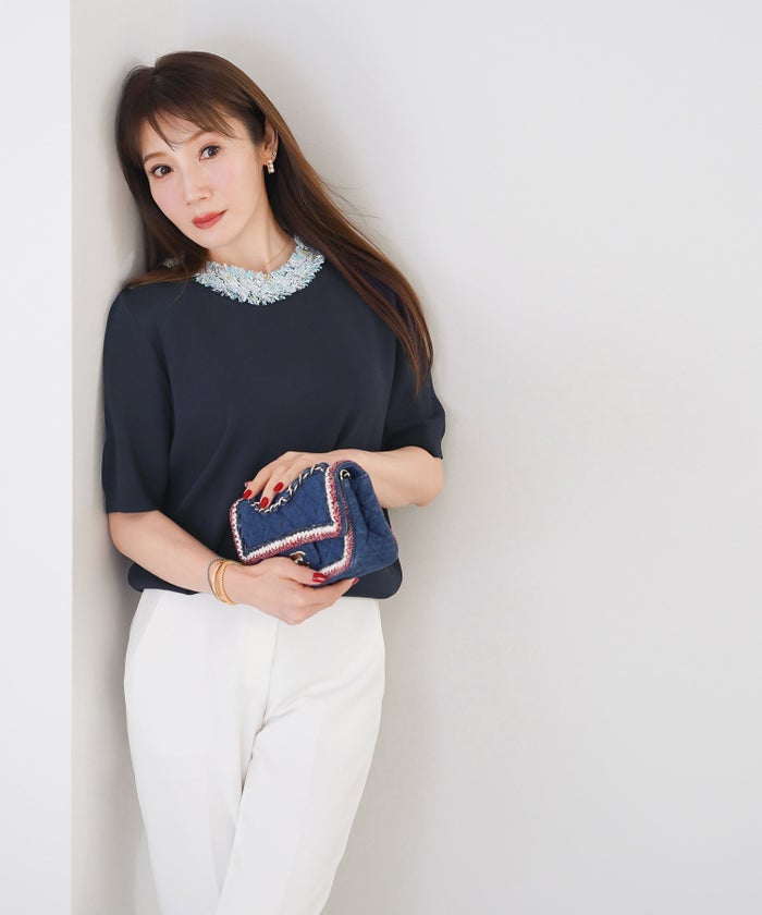 手洗い可 レディース 春夏 大人可愛い 上品 きれいめ オフィス 大人カジュアル フェミニン ジョイントスペース ツイードフリンジニット Liala×PG