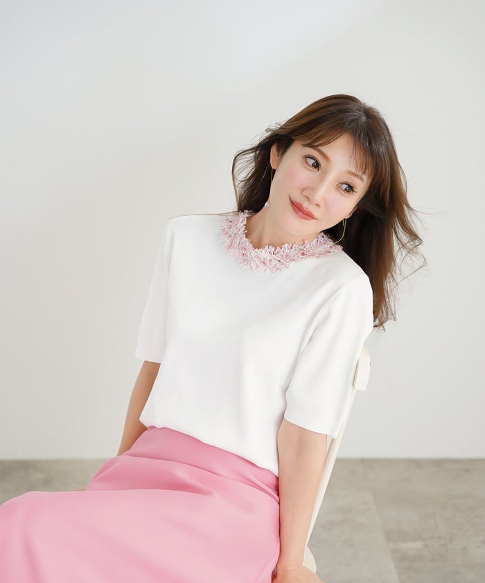 手洗い可 レディース 春夏 大人可愛い 上品 きれいめ オフィス 大人カジュアル フェミニン ジョイントスペース ツイードフリンジニット Liala×PG