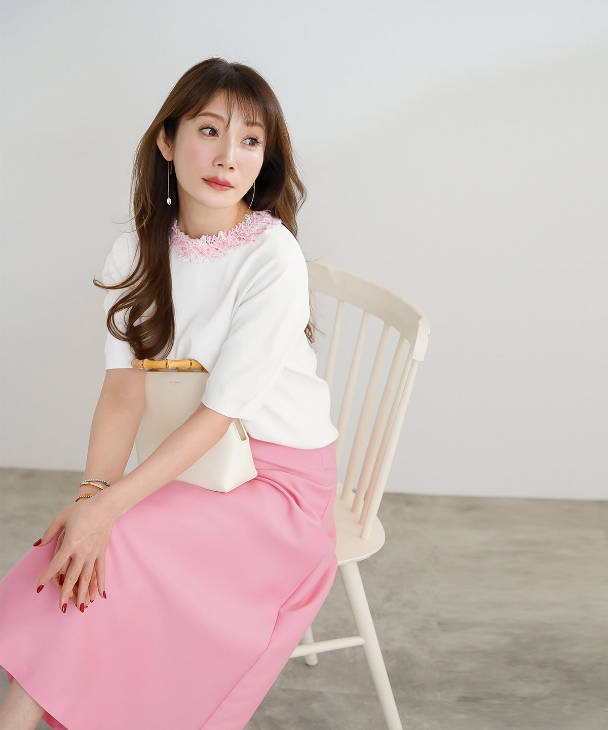 手洗い可 レディース 春夏 大人可愛い 上品 きれいめ オフィス 大人カジュアル フェミニン ジョイントスペース ツイードフリンジニット Liala×PG