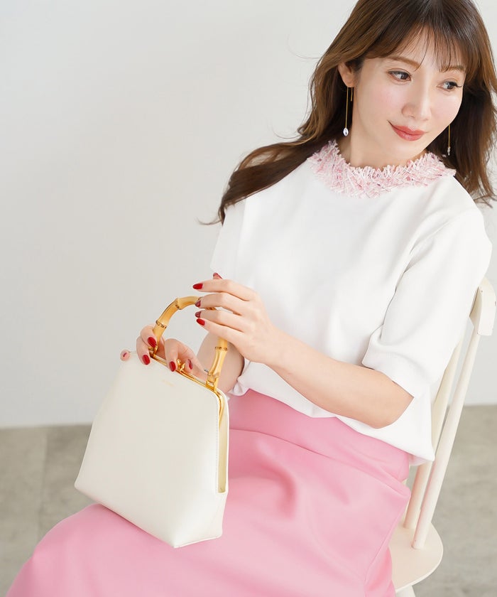 手洗い可 レディース 春夏 大人可愛い 上品 きれいめ オフィス 大人カジュアル フェミニン ジョイントスペース ツイードフリンジニット Liala×PG