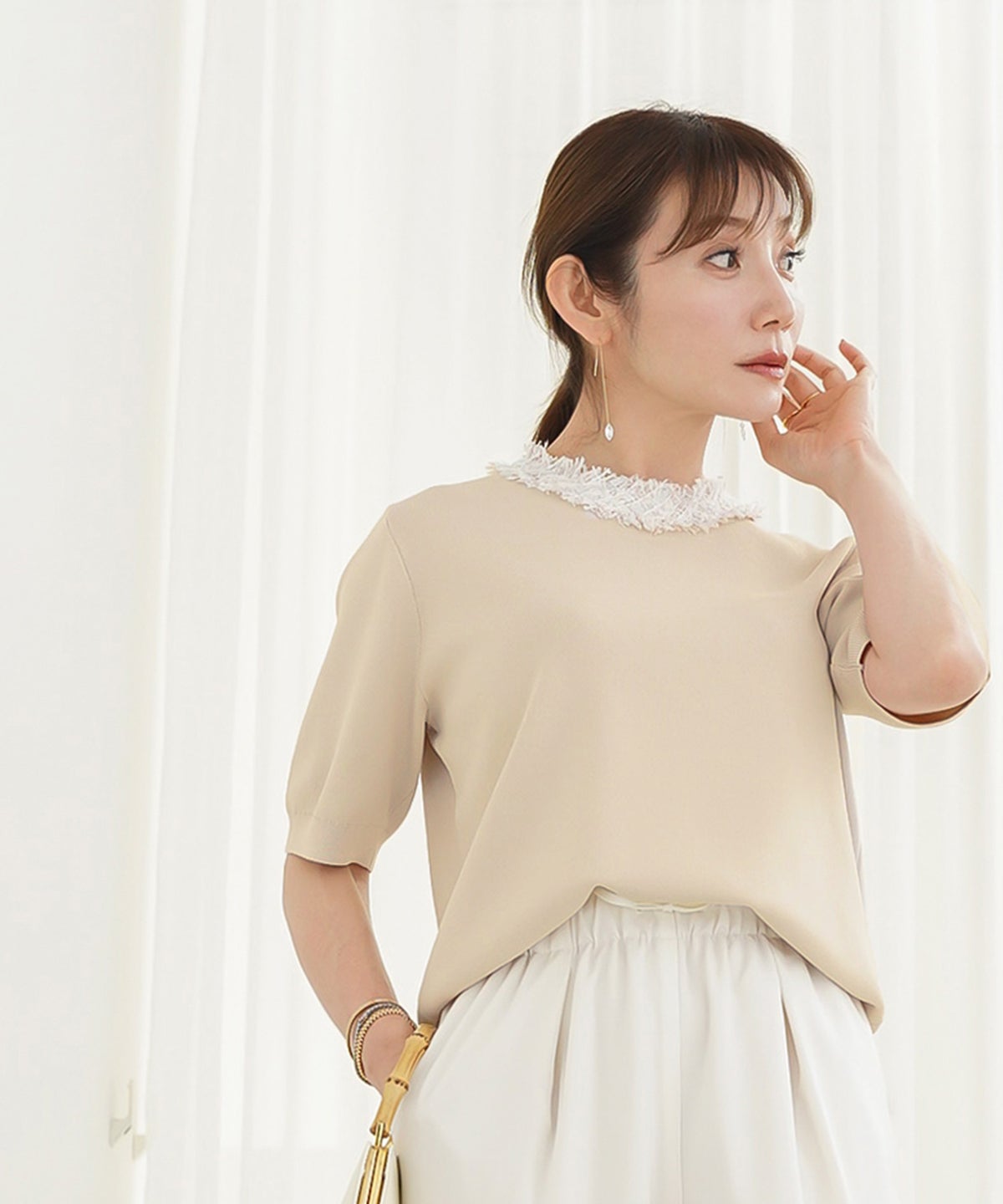 手洗い可 レディース 春夏 大人可愛い 上品 きれいめ オフィス 大人カジュアル フェミニン ジョイントスペース ツイードフリンジニット Liala×PG