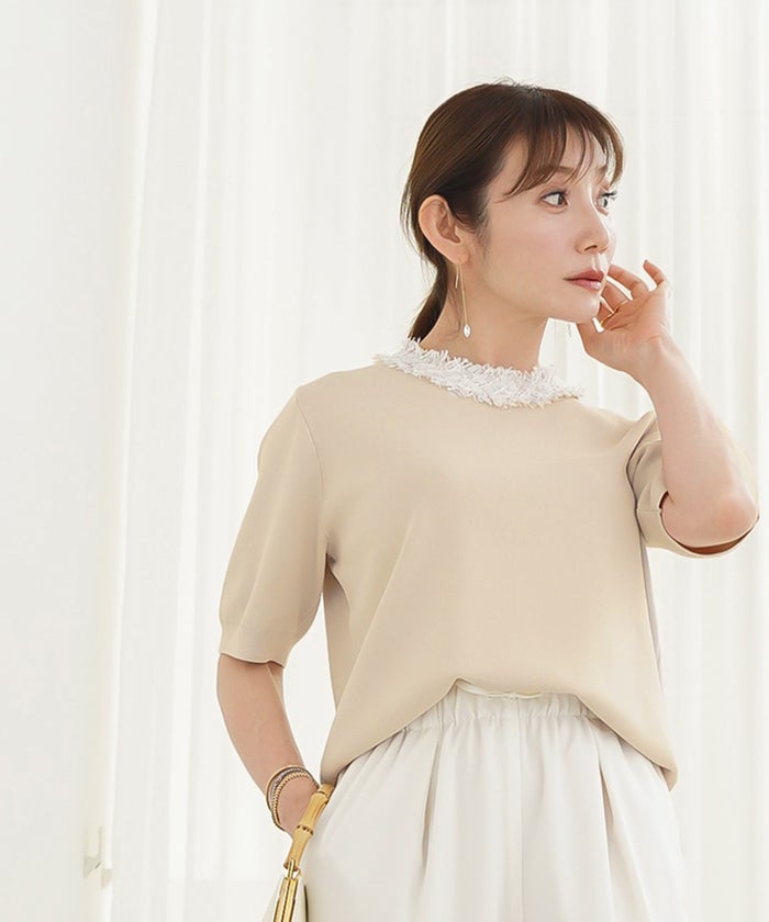 手洗い可 レディース 春夏 大人可愛い 上品 きれいめ オフィス 大人カジュアル フェミニン ジョイントスペース ツイードフリンジニット Liala×PG