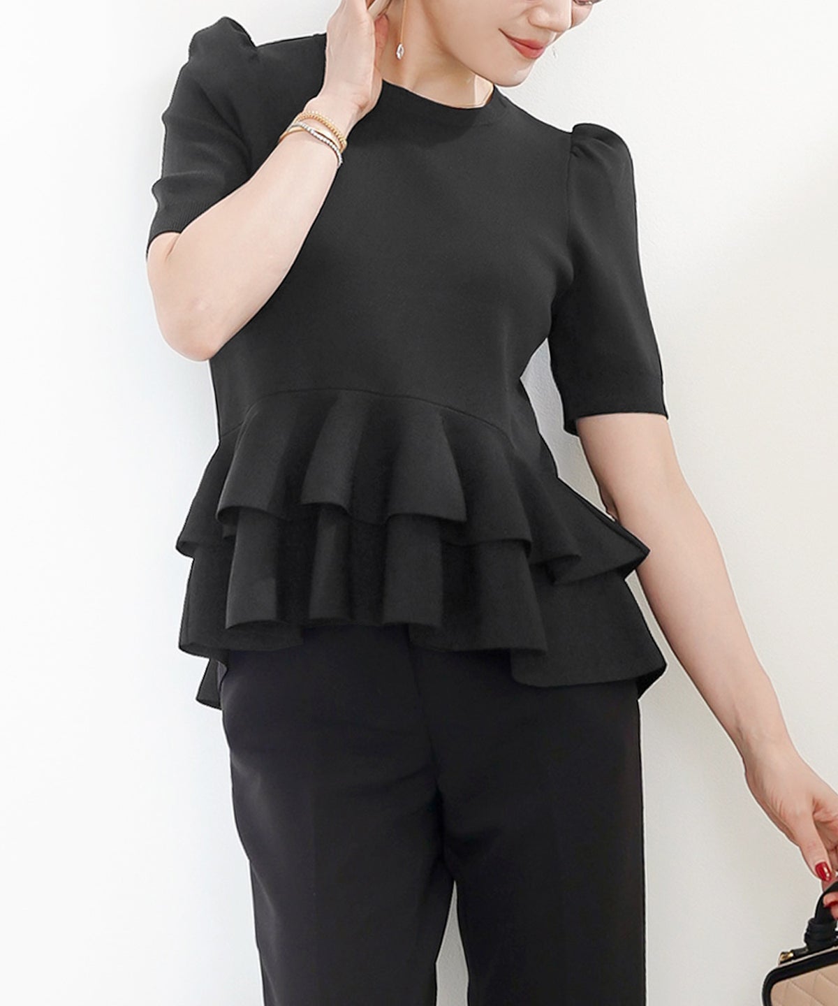 洗濯機可 S/M/L セットアップ対応 サマーニット フレア 大人 かわいい きれいめ ジョイントスペース 2段ペプラムV襟ニット Liala×PG