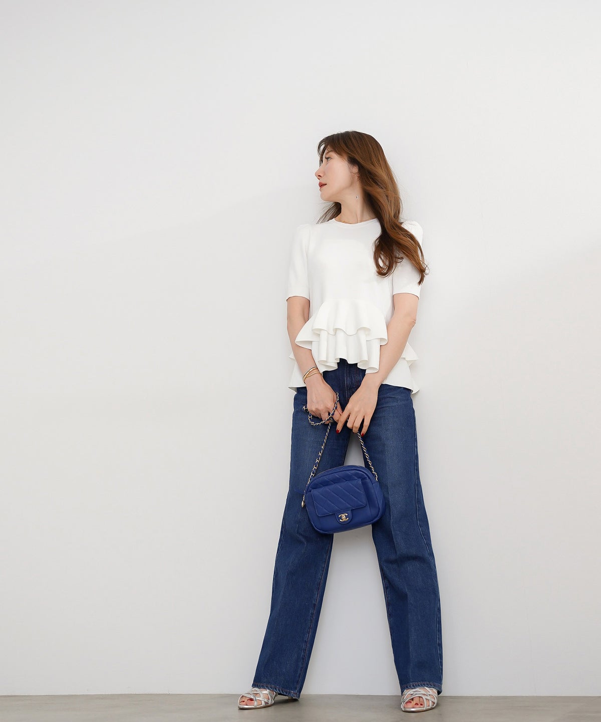 洗濯機可 S/M/L セットアップ対応 サマーニット フレア 大人 かわいい きれいめ ジョイントスペース 2段ペプラムV襟ニット Liala×PG