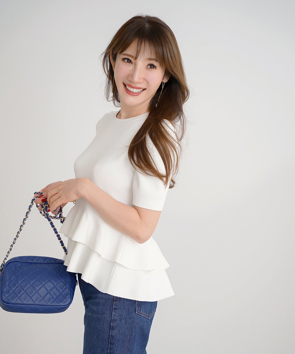 洗濯機可 S/M/L セットアップ対応 サマーニット フレア 大人 かわいい きれいめ ジョイントスペース 2段ペプラムV襟ニット Liala×PG