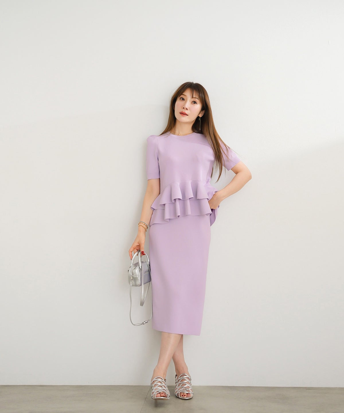 洗濯機可 S/M/L セットアップ対応 サマーニット フレア 大人 かわいい きれいめ ジョイントスペース 2段ペプラムV襟ニット Liala×PG