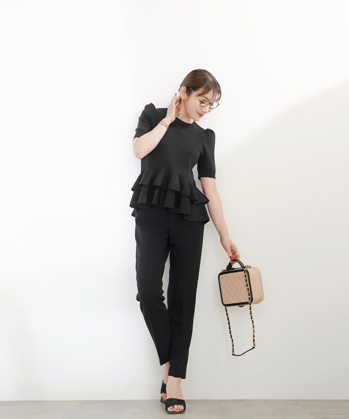 洗濯機可 S/M/L セットアップ対応 サマーニット フレア 大人 かわいい きれいめ ジョイントスペース 2段ペプラムV襟ニット Liala×PG