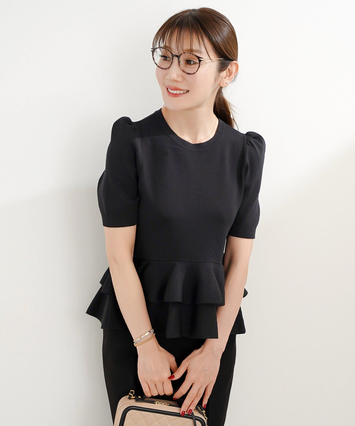 洗濯機可 S/M/L セットアップ対応 サマーニット フレア 大人 かわいい きれいめ ジョイントスペース 2段ペプラムV襟ニット Liala×PG