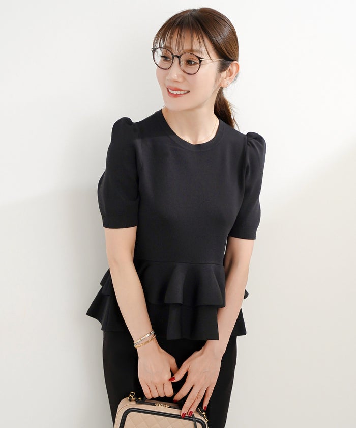 洗濯機可 S/M/L セットアップ対応 サマーニット フレア 大人 かわいい きれいめ ジョイントスペース 2段ペプラムV襟ニット Liala×PG