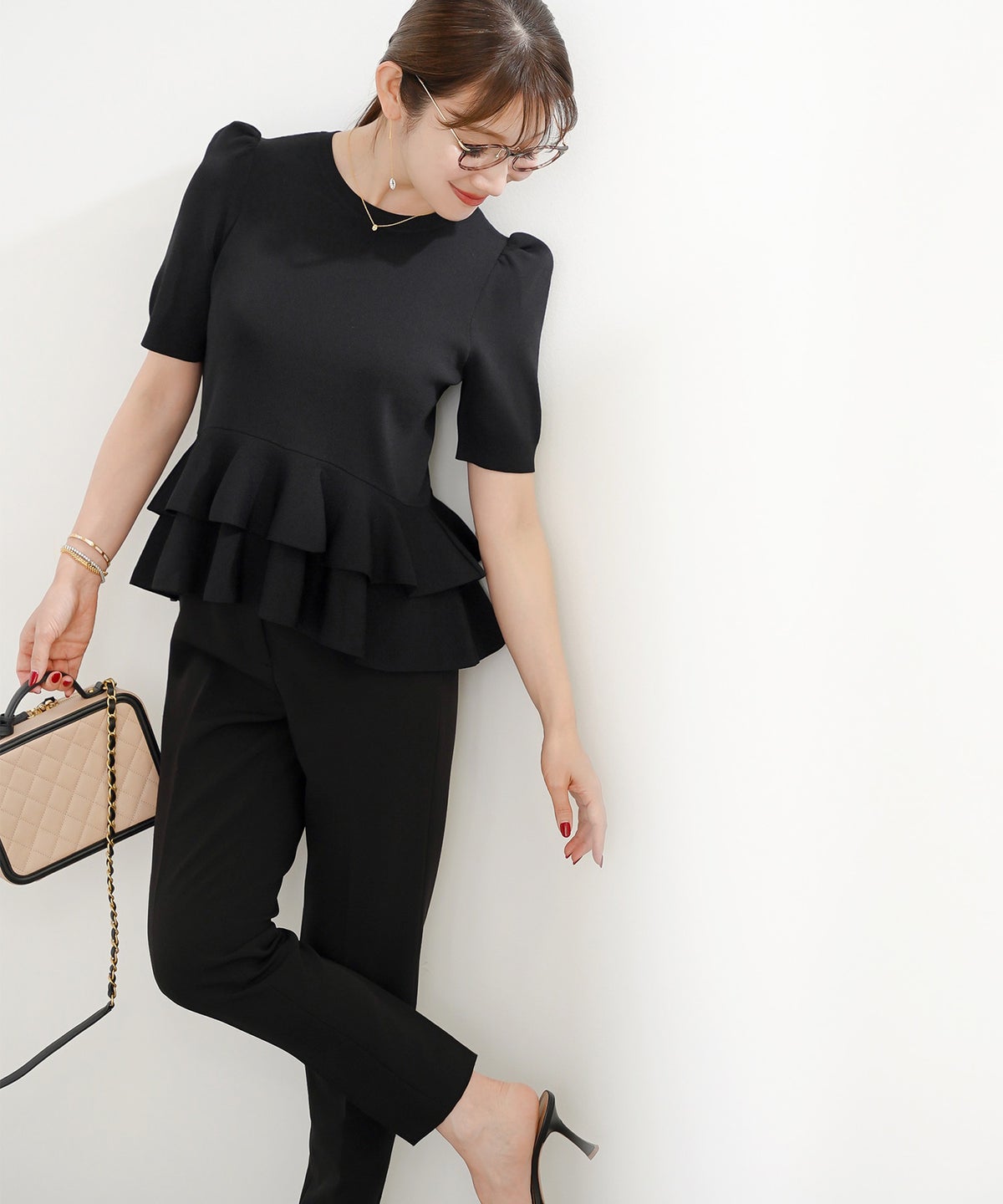 洗濯機可 S/M/L セットアップ対応 サマーニット フレア 大人 かわいい きれいめ ジョイントスペース 2段ペプラムV襟ニット Liala×PG