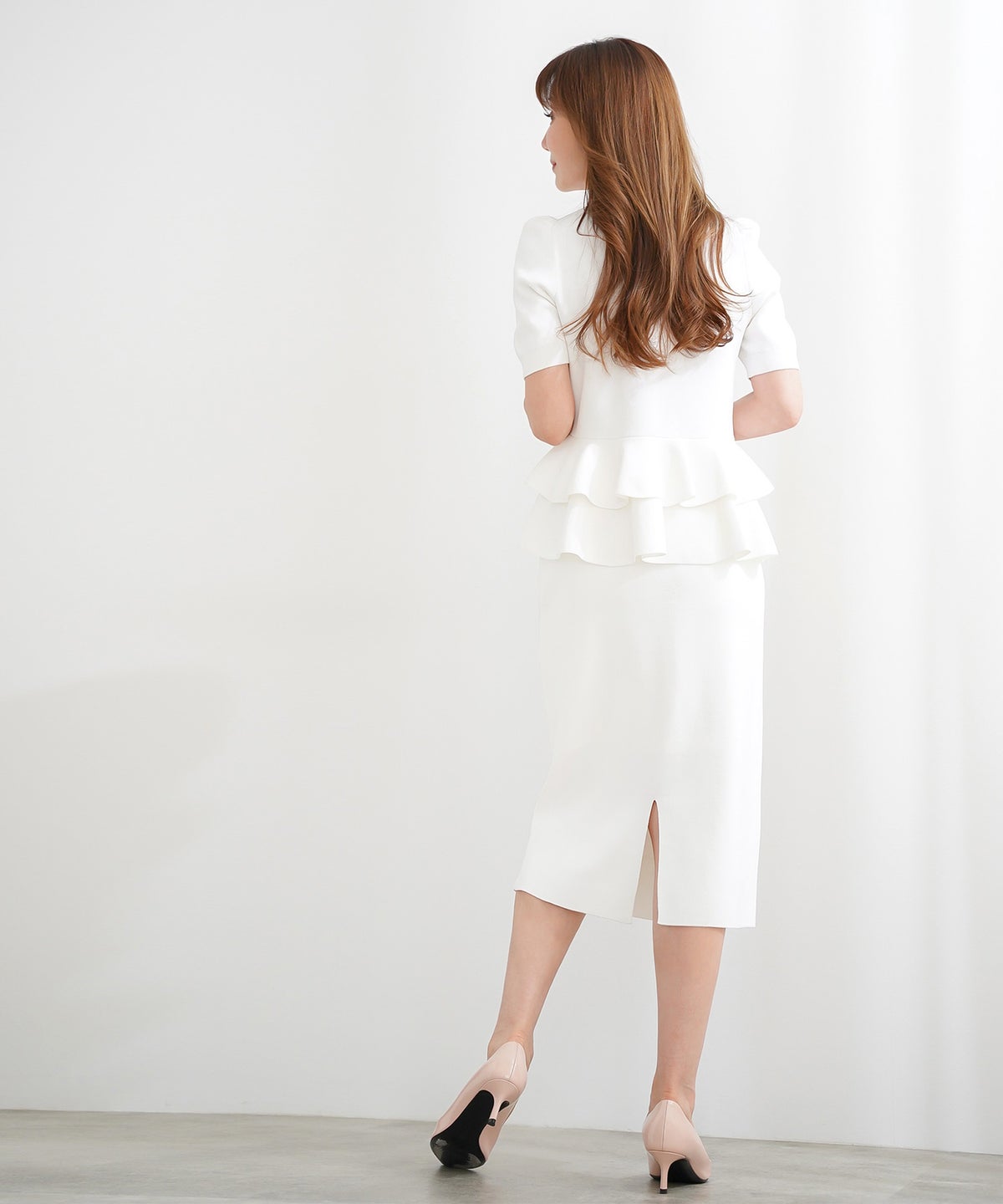 洗濯機可 S/M/L セットアップ対応 サマーニット フレア 大人 かわいい きれいめ ジョイントスペース 2段ペプラムV襟ニット Liala×PG