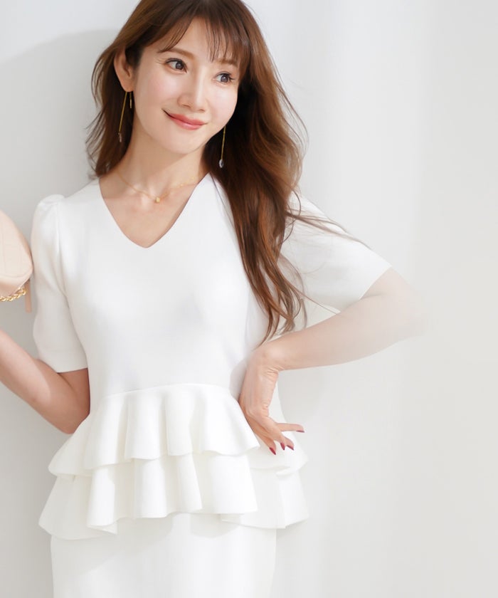 洗濯機可 S/M/L セットアップ対応 サマーニット フレア 大人 かわいい きれいめ ジョイントスペース 2段ペプラムV襟ニット Liala×PG