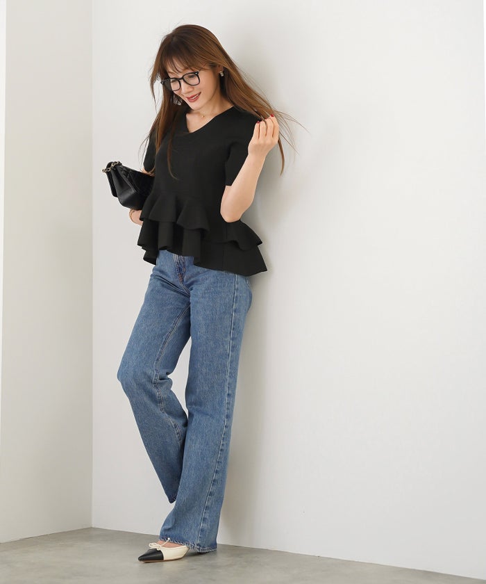 洗濯機可 S/M/L セットアップ対応 サマーニット フレア 大人 かわいい きれいめ ジョイントスペース 2段ペプラムV襟ニット Liala×PG