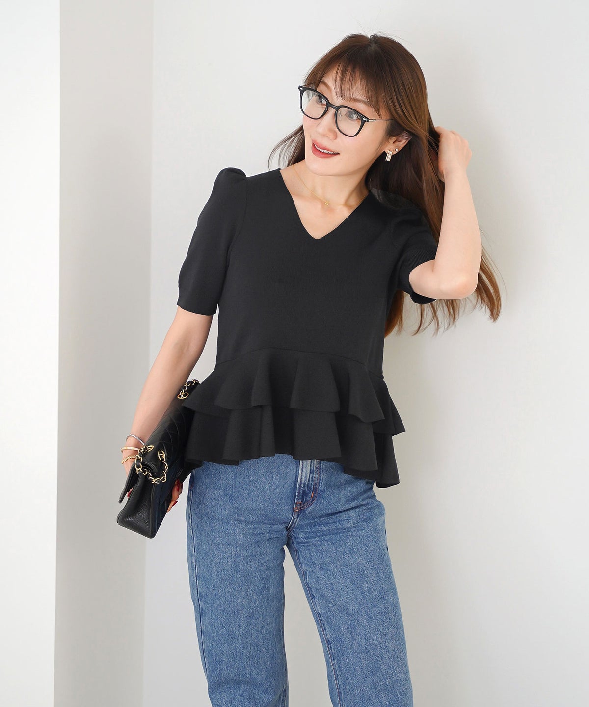 洗濯機可 S/M/L セットアップ対応 サマーニット フレア 大人 かわいい きれいめ ジョイントスペース 2段ペプラムV襟ニット Liala×PG