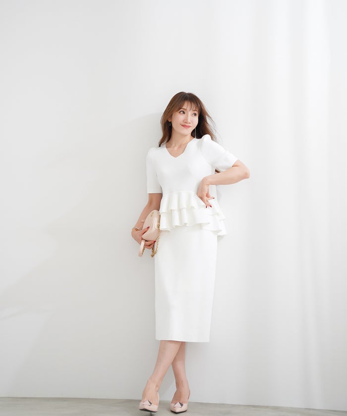 洗濯機可 S/M/L セットアップ対応 サマーニット フレア 大人 かわいい きれいめ ジョイントスペース 2段ペプラムV襟ニット Liala×PG