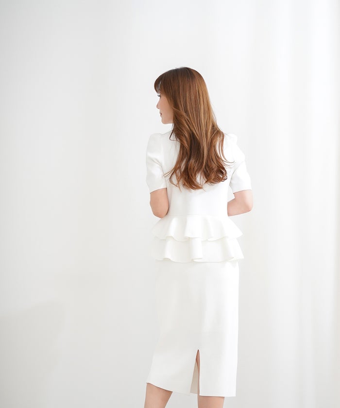 洗濯機可 S/M/L セットアップ対応 サマーニット フレア 大人 かわいい きれいめ ジョイントスペース 2段ペプラムV襟ニット Liala×PG