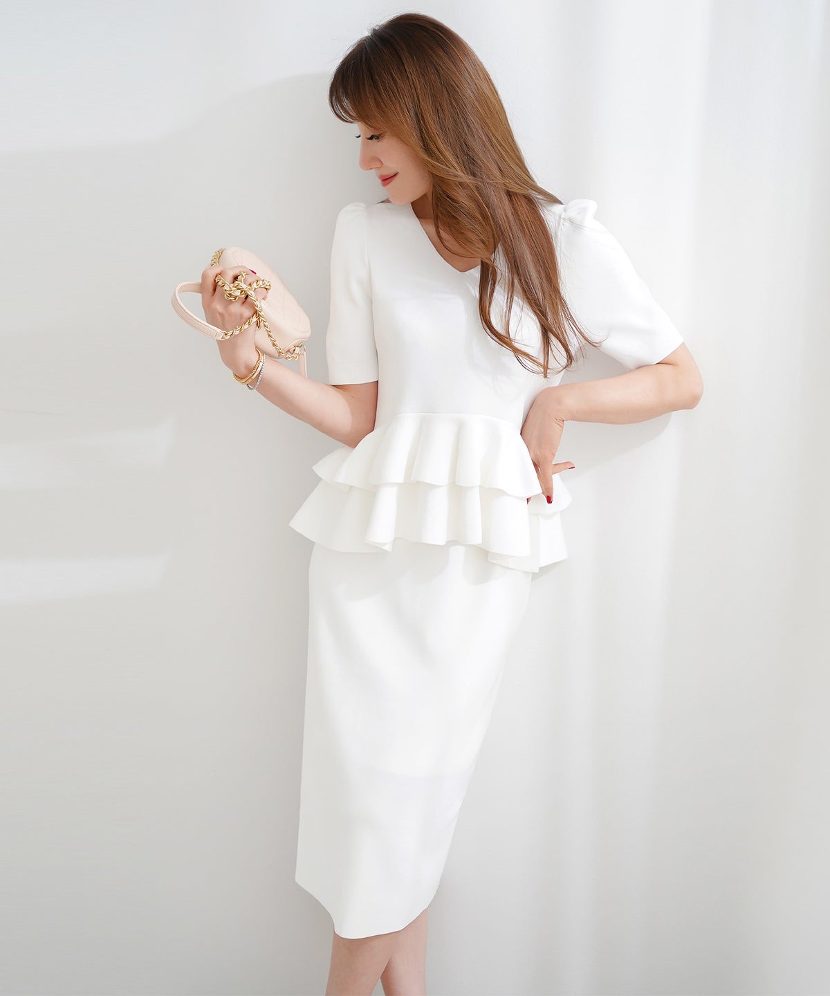 洗濯機可 S/M/L セットアップ対応 サマーニット フレア 大人 かわいい きれいめ ジョイントスペース 2段ペプラムV襟ニット Liala×PG