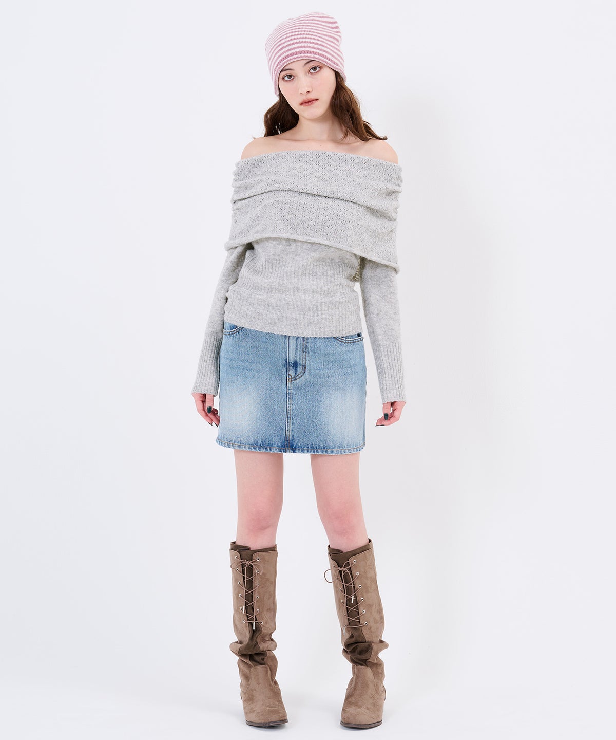 肩出し/シャーリング入り/モヘヤライク オフショルニットプルオーバーTINA：JOJUN