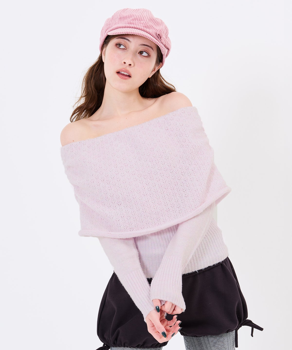 肩出し/シャーリング入り/モヘヤライク オフショルニットプルオーバーTINA：JOJUN