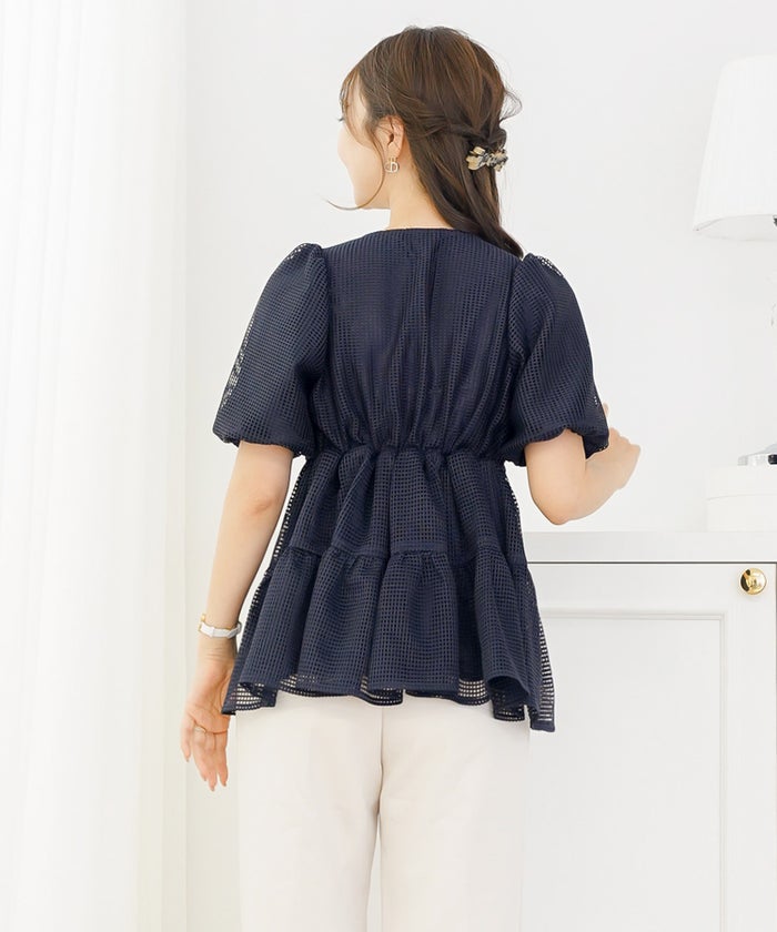 ブラウス レース メッシュ 清涼感 シースルー 春 夏 真夏 半袖 5分袖 パフスリーブ ゴム袖 カシュクール メッシュレース カシュクール ブラウス le reve vaniller