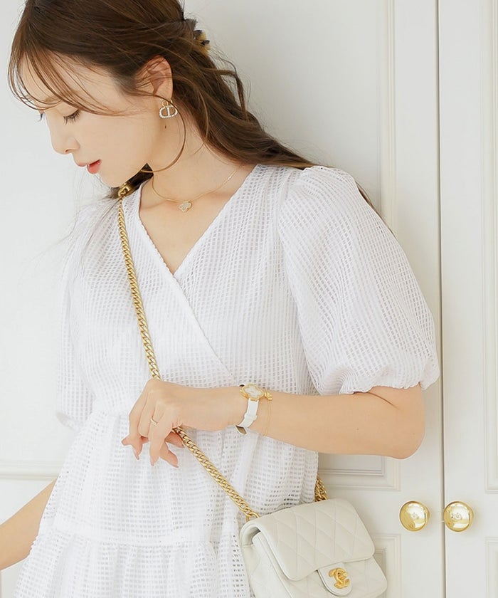 ブラウス レース メッシュ 清涼感 シースルー 春 夏 真夏 半袖 5分袖 パフスリーブ ゴム袖 カシュクール メッシュレース カシュクール ブラウス le reve vaniller