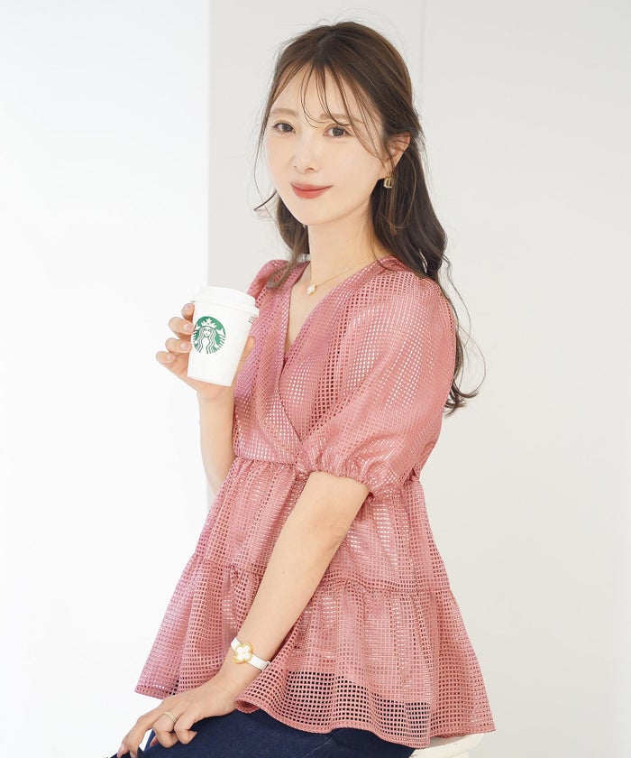 ブラウス レース メッシュ 清涼感 シースルー 春 夏 真夏 半袖 5分袖 パフスリーブ ゴム袖 カシュクール メッシュレース カシュクール ブラウス le reve vaniller