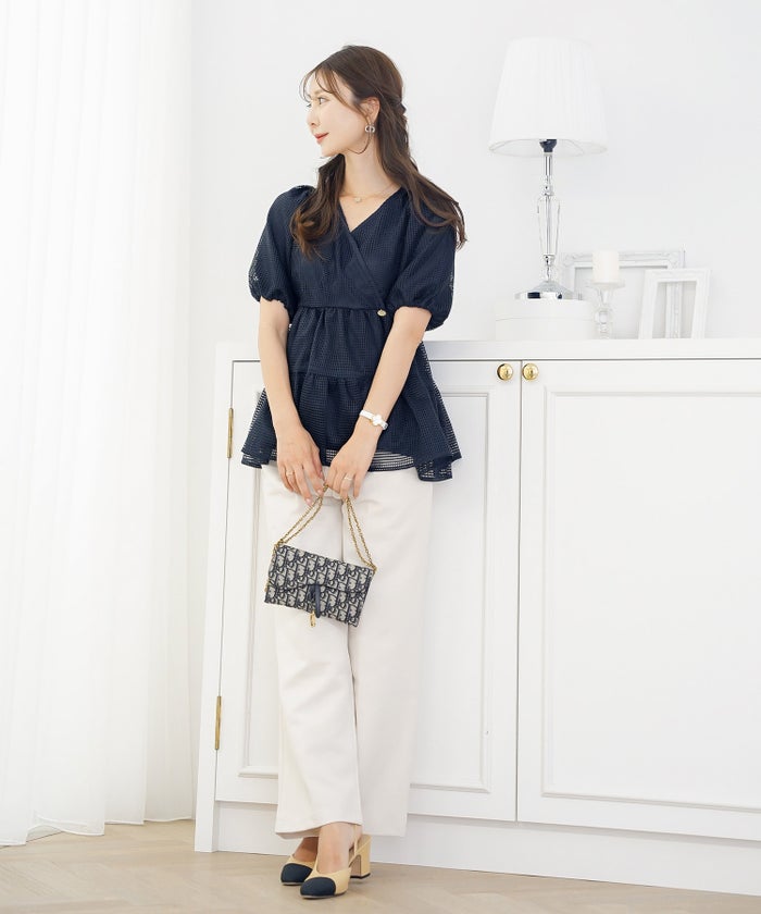 ブラウス レース メッシュ 清涼感 シースルー 春 夏 真夏 半袖 5分袖 パフスリーブ ゴム袖 カシュクール メッシュレース カシュクール ブラウス le reve vaniller