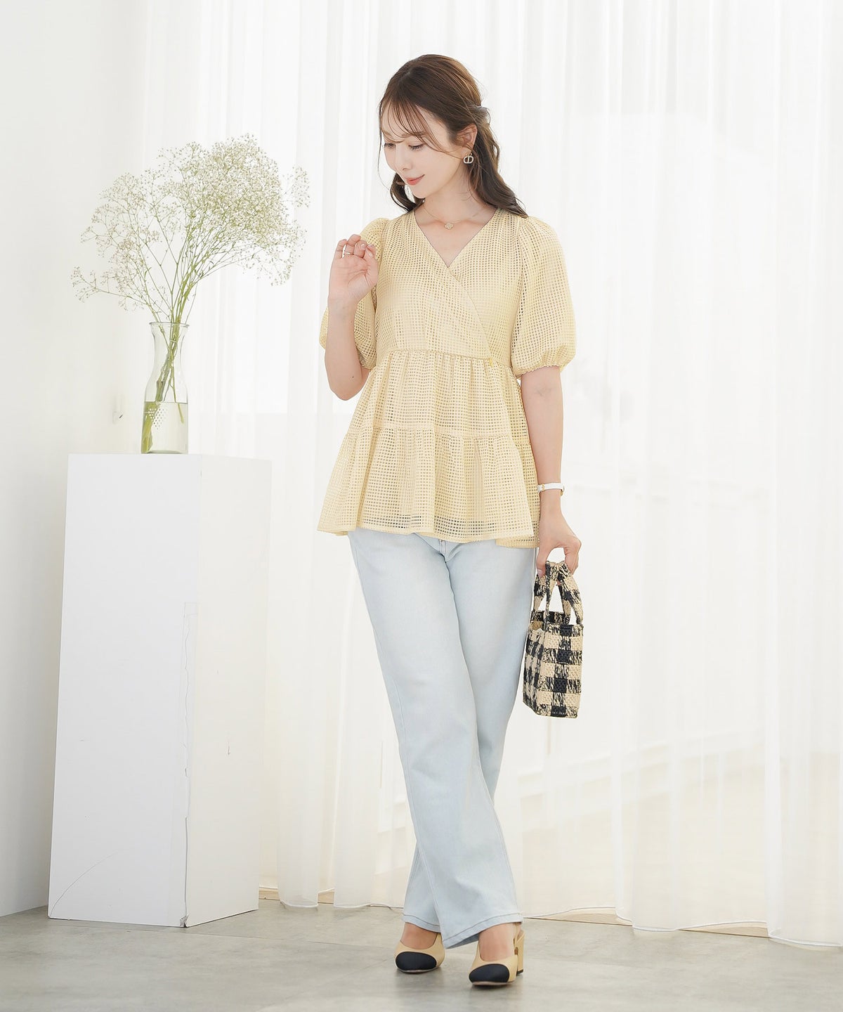 ブラウス レース メッシュ 清涼感 シースルー 春 夏 真夏 半袖 5分袖 パフスリーブ ゴム袖 カシュクール メッシュレース カシュクール ブラウス le reve vaniller