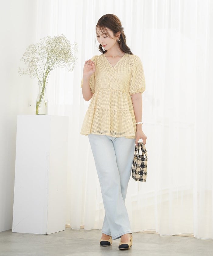 ブラウス レース メッシュ 清涼感 シースルー 春 夏 真夏 半袖 5分袖 パフスリーブ ゴム袖 カシュクール メッシュレース カシュクール ブラウス le reve vaniller
