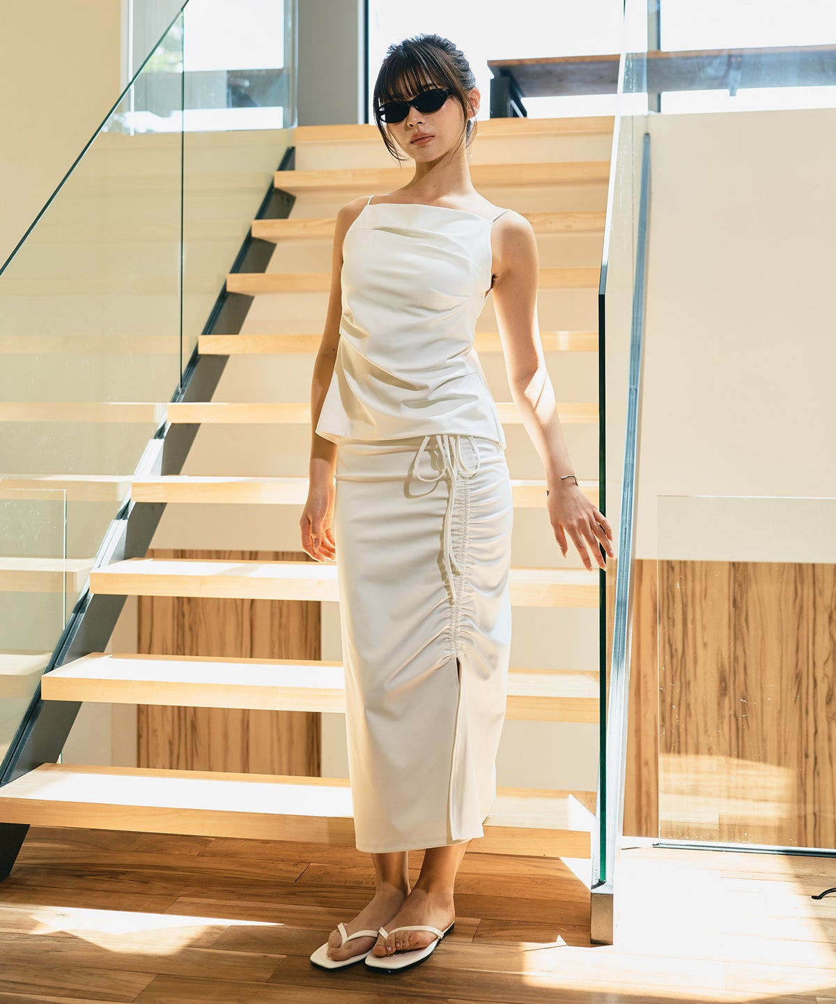 ギャザースカート ドロスト スリット モード 韓国風 細見え リゾート デート WATERSIDE＆DAILYWEAR］ドローストリング アレンジスカート KINO THE KEI