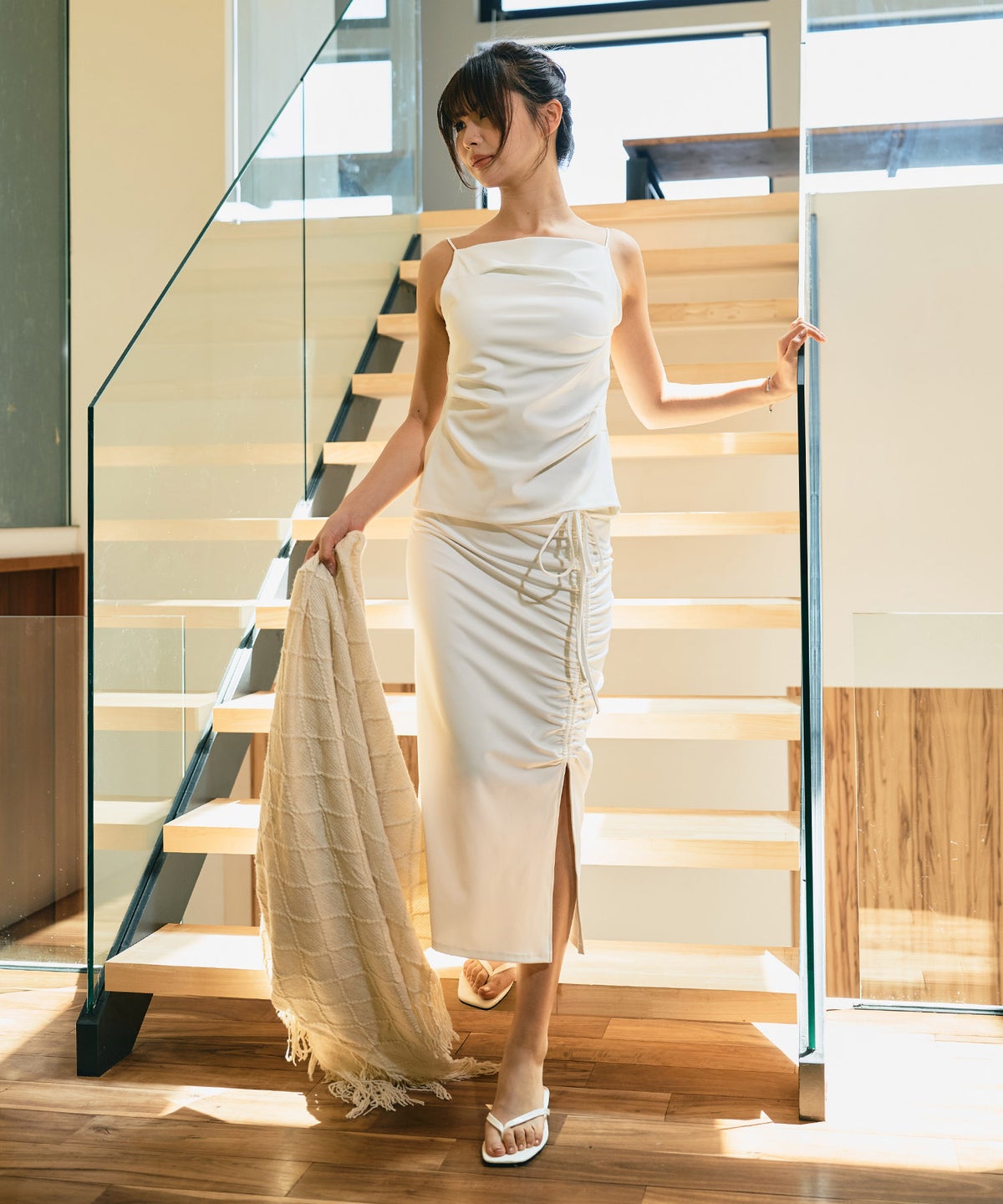 ギャザースカート ドロスト スリット モード 韓国風 細見え リゾート デート WATERSIDE＆DAILYWEAR］ドローストリング アレンジスカート KINO THE KEI