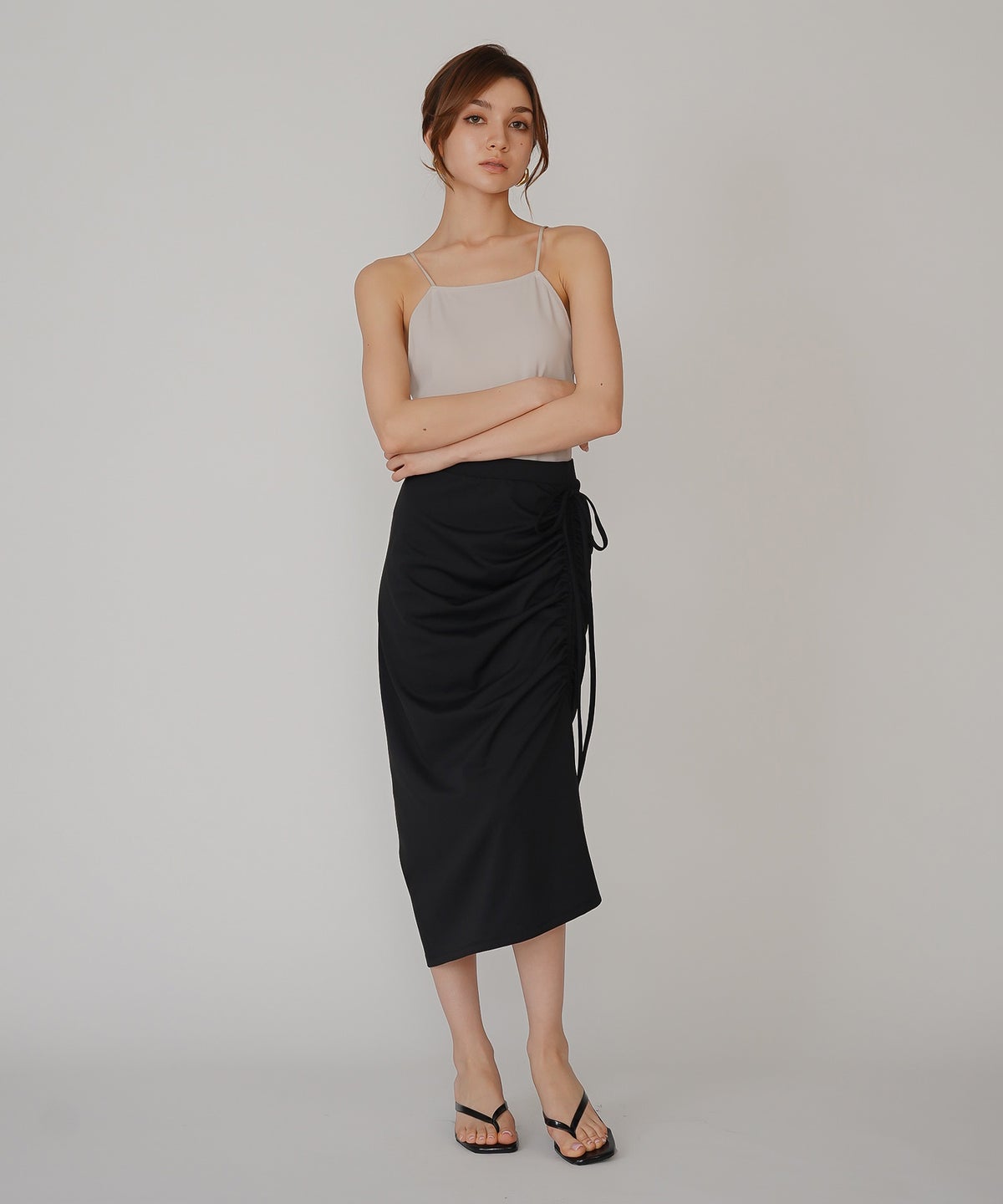 ギャザースカート ドロスト スリット モード 韓国風 細見え リゾート デート WATERSIDE＆DAILYWEAR］ドローストリング アレンジスカート KINO THE KEI