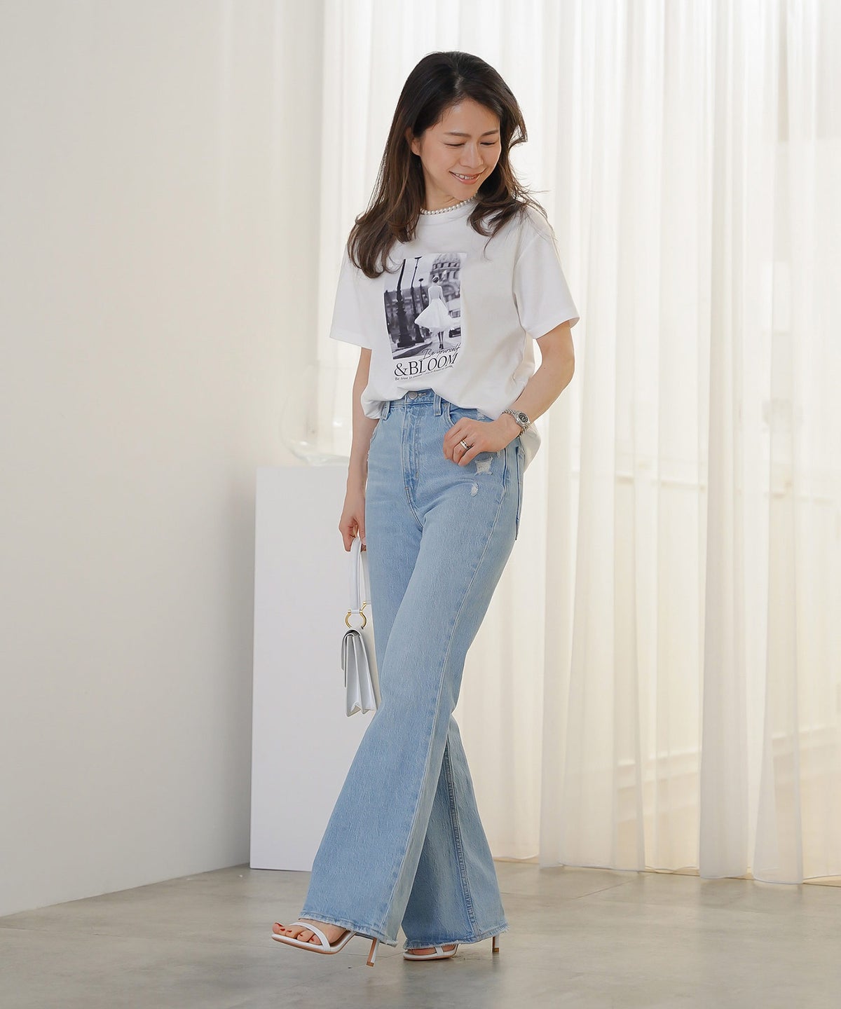 Tシャツ レディース ホワイト フォトプリント 接触冷感 ウォッシャブル 半袖 ジョイントスペース