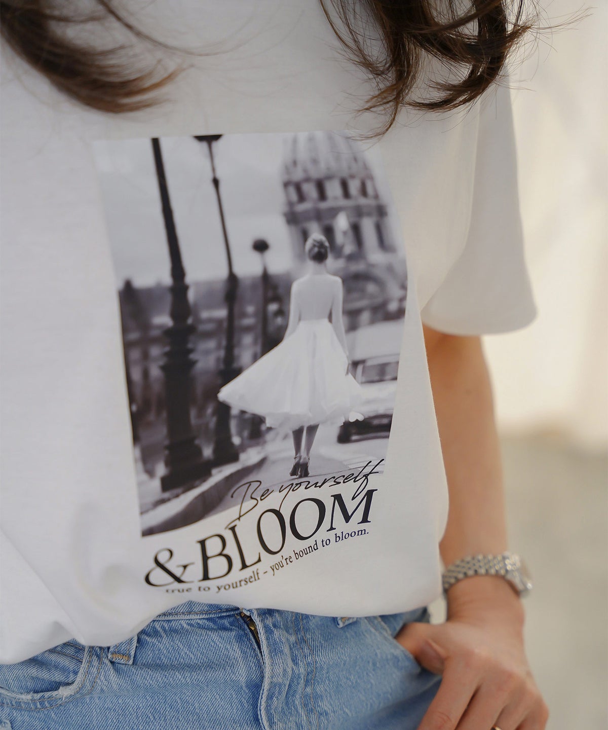 Tシャツ レディース ホワイト フォトプリント 接触冷感 ウォッシャブル 半袖 ジョイントスペース