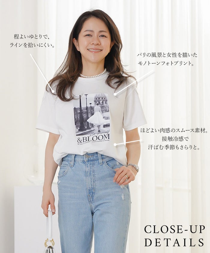 Tシャツ レディース ホワイト フォトプリント 接触冷感 ウォッシャブル 半袖 ジョイントスペース