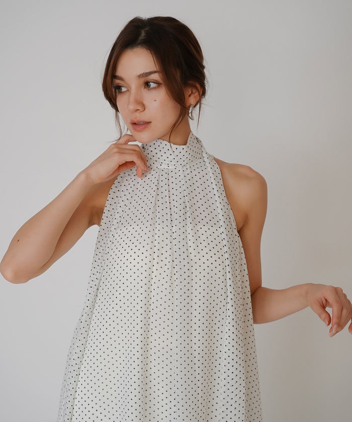 アメスリブラウス スタンドカラー モード フレアトップス 韓国風 上品 アメスリ 2WAY ドット タイ ブラウス KINO THE KEI