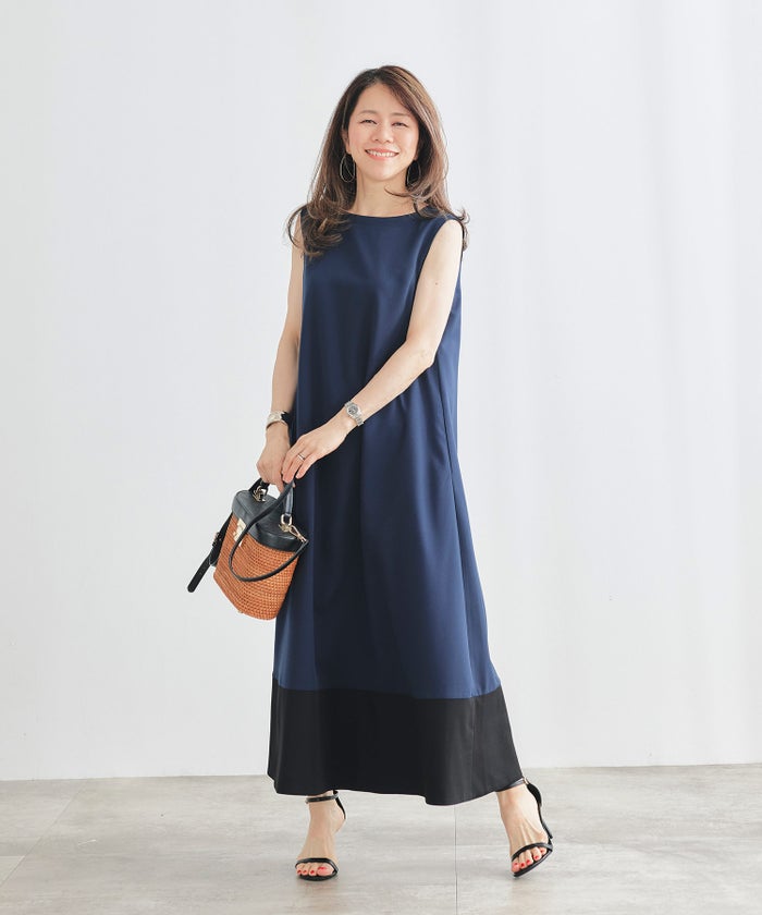 フレア ワンピース グレージュ ネイビー マキシ丈 バイカラー ノースリーブ ジョイントスペース