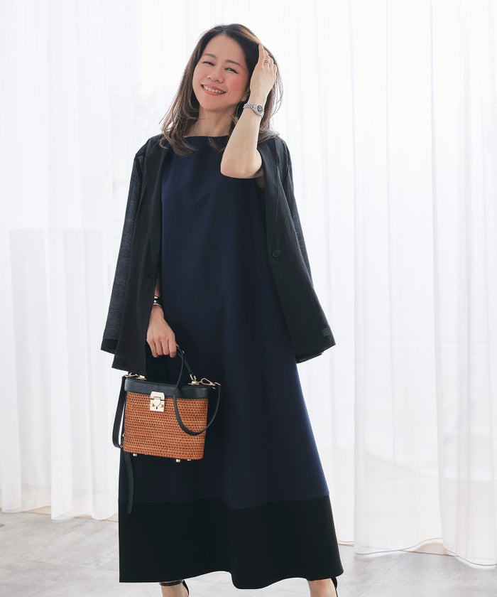 フレア ワンピース グレージュ ネイビー マキシ丈 バイカラー ノースリーブ ジョイントスペース