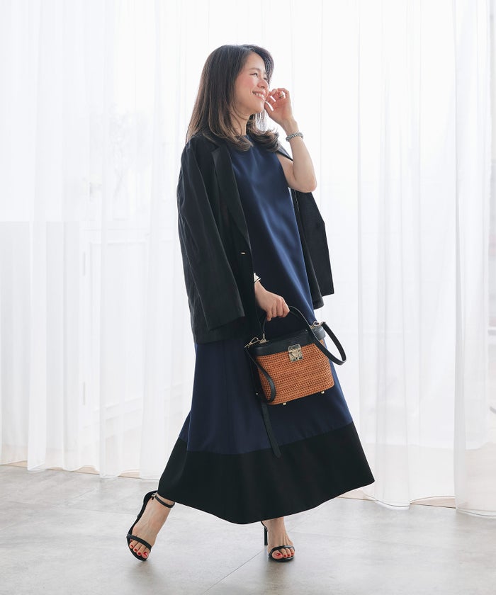 フレア ワンピース グレージュ ネイビー マキシ丈 バイカラー ノースリーブ ジョイントスペース