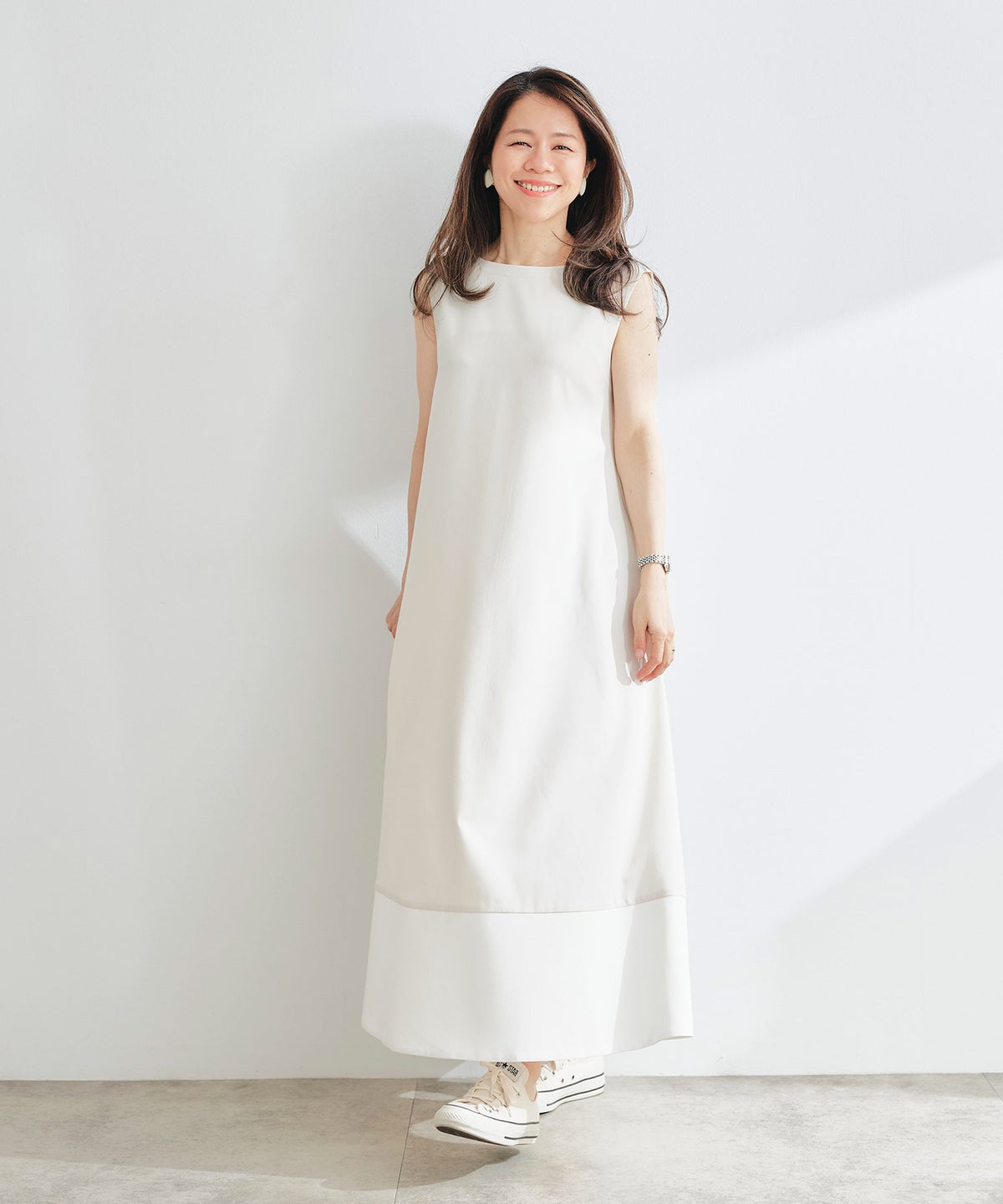フレア ワンピース グレージュ ネイビー マキシ丈 バイカラー ノースリーブ ジョイントスペース