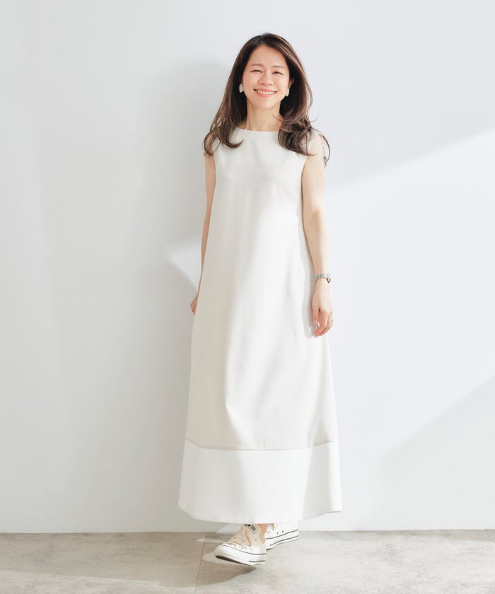 フレア ワンピース グレージュ ネイビー マキシ丈 バイカラー ノースリーブ ジョイントスペース