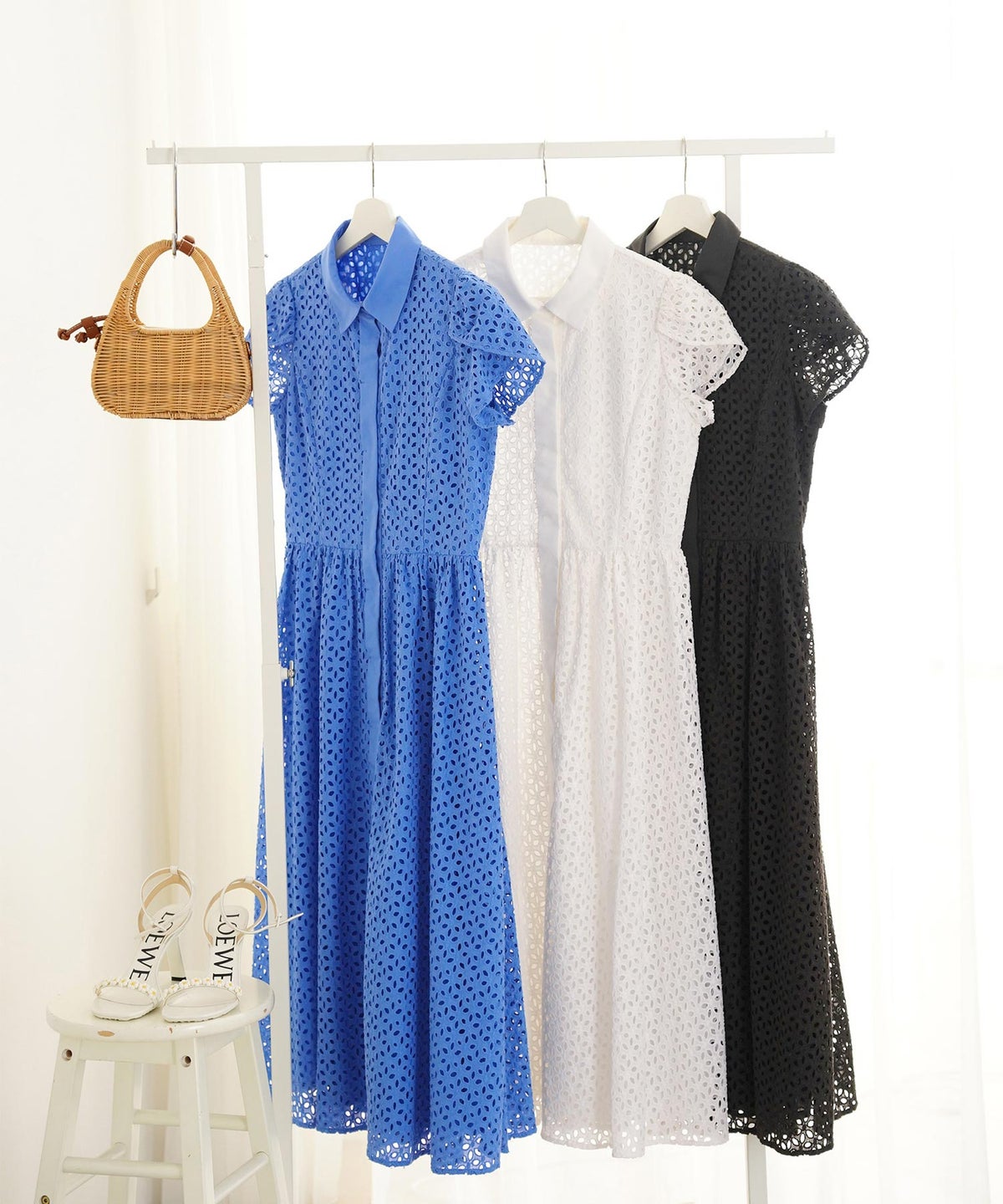 手洗い可 ワンピース レース レディース おしゃれ オフィス かわいい 大人 きれいめ ジョイントスペース コットンレースチューリップスリーブシャツ襟ワンピース Liala×PG