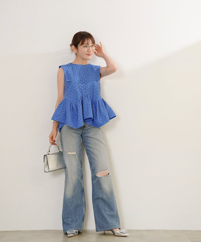手洗い可 かわいい 上品 きれいめ 大人カジュアル オフィス フェミニン シンプル ジョイントスペース コットンレースペプラムブラウス Liala×PG